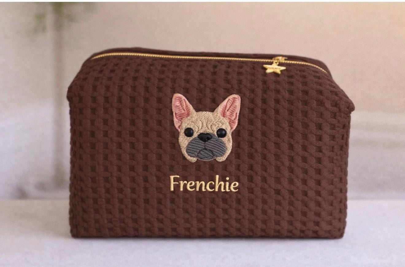 Personalized Dog Makeup Bag, Dog Mom Gift, Custom Dog Face Cosmetic Bag, Embroidered Pet Pouch, Dog Lover Gift, Waffle Cotton Makeup Bag