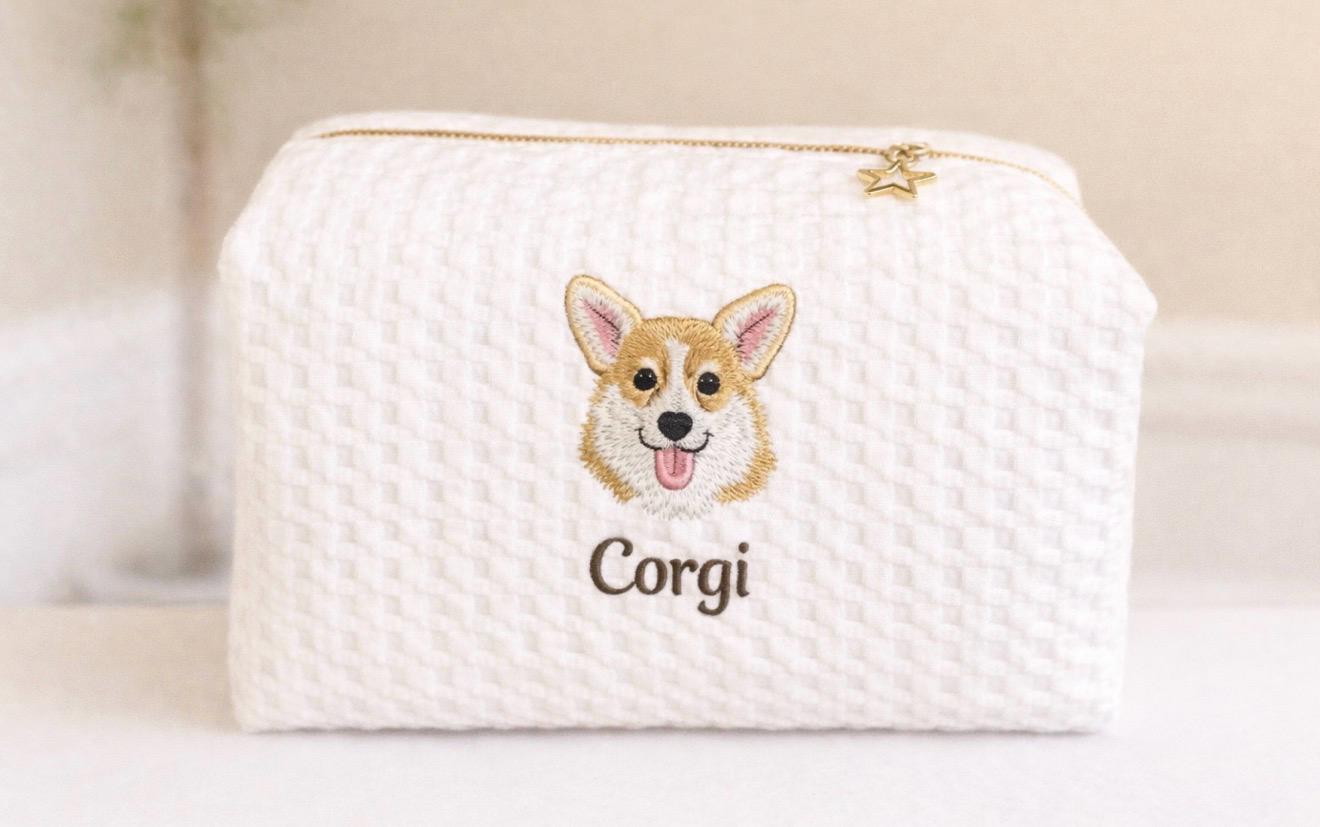 Personalized Dog Makeup Bag, Dog Mom Gift, Custom Dog Face Cosmetic Bag, Embroidered Pet Pouch, Dog Lover Gift, Waffle Cotton Makeup Bag