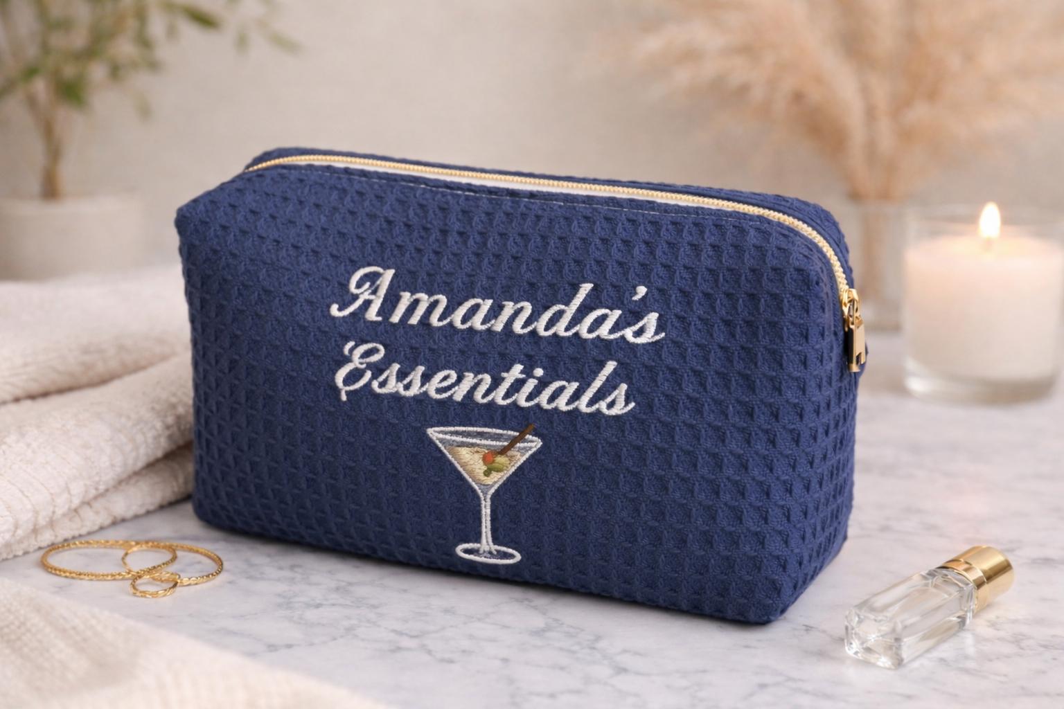 Custom Embroidered Waffle Makeup Bag | Personalized Cosmetic Pouch, Travel Toiletry Bag