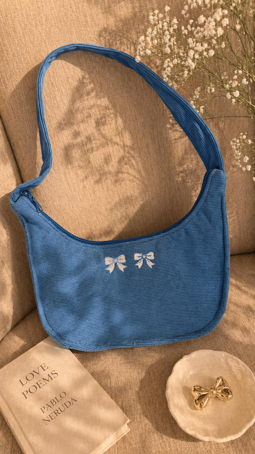 Cute Shoulder Bag, Aesthetic Tote Bag, Corduroy Blue Bow Bag, Strawberry Print Purse, Coquette Style Bag, Y2K Mini Bag Gift for Her