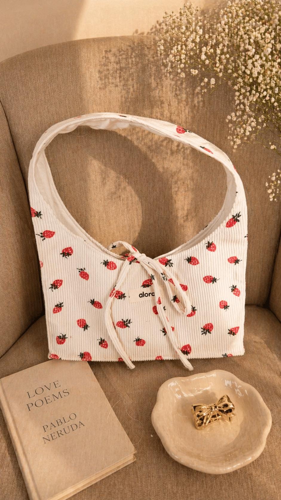 Cute Shoulder Bag, Aesthetic Tote Bag, Corduroy Blue Bow Bag, Strawberry Print Purse, Coquette Style Bag, Y2K Mini Bag Gift for Her