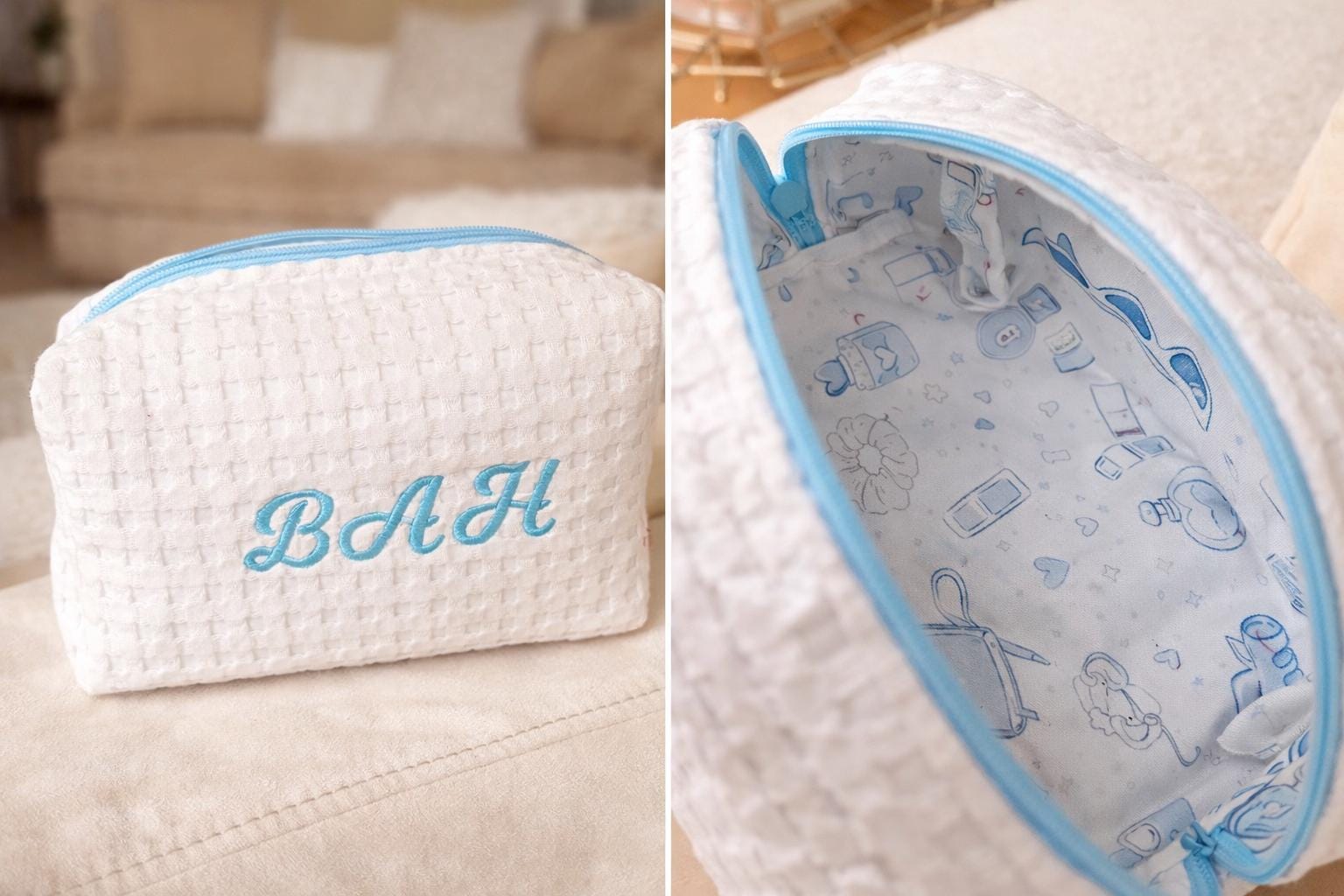 Custom Embroidered Waffle Makeup Bag | Personalized Cosmetic Pouch, Travel Toiletry Bag