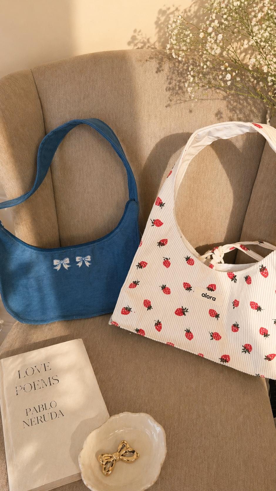 Cute Shoulder Bag, Aesthetic Tote Bag, Corduroy Blue Bow Bag, Strawberry Print Purse, Coquette Style Bag, Y2K Mini Bag Gift for Her