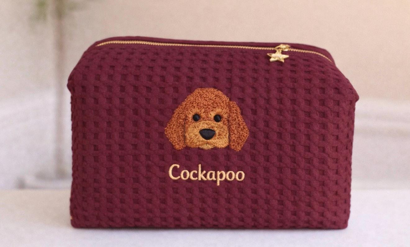 Personalized Dog Makeup Bag, Dog Mom Gift, Custom Dog Face Cosmetic Bag, Embroidered Pet Pouch, Dog Lover Gift, Waffle Cotton Makeup Bag